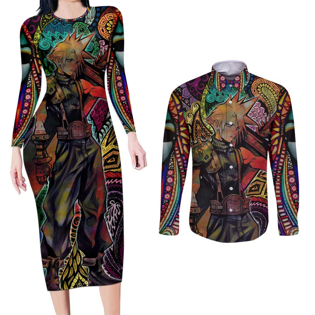 Trippy Cloud Strife Final Fantasy 7 Couples Matching Long Sleeve Bodycon Dress and Long Sleeve Button Shirt Trippy Style