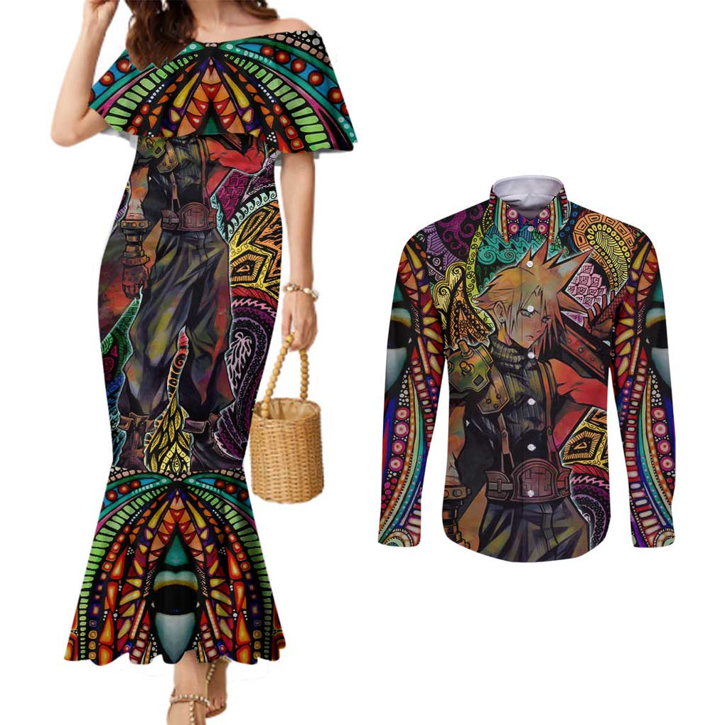 Trippy Cloud Strife Final Fantasy 7 Couples Matching Mermaid Dress and Long Sleeve Button Shirt Trippy Style