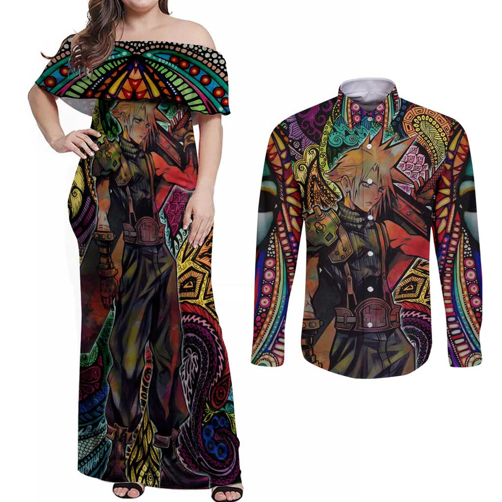 Trippy Cloud Strife Final Fantasy 7 Couples Matching Off Shoulder Maxi Dress and Long Sleeve Button Shirt Trippy Style