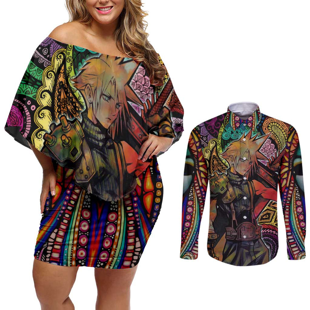 Trippy Cloud Strife Final Fantasy 7 Couples Matching Off Shoulder Short Dress and Long Sleeve Button Shirt Trippy Style