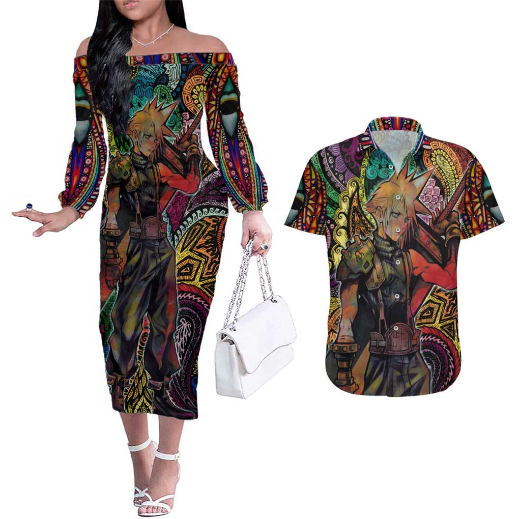 Trippy Cloud Strife Final Fantasy 7 Couples Matching Off The Shoulder Long Sleeve Dress and Hawaiian Shirt Trippy Style