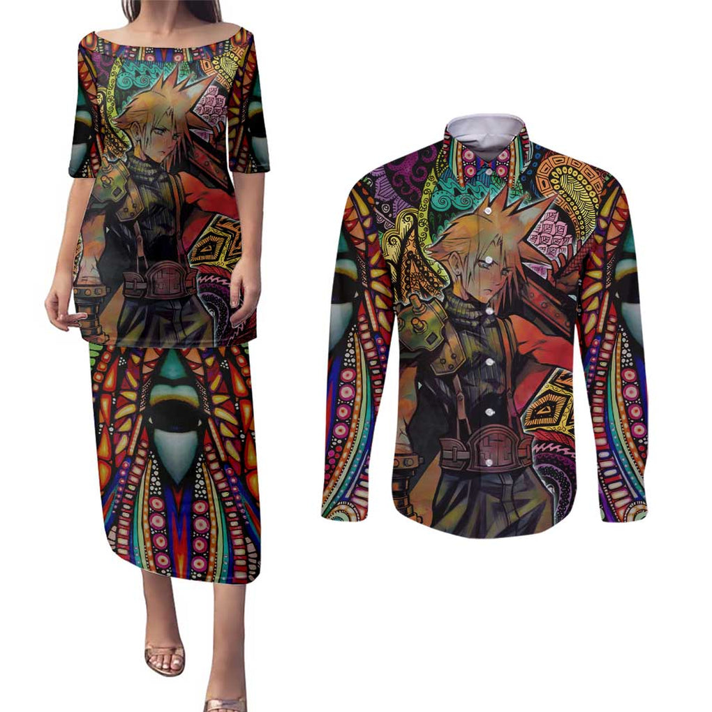 Trippy Cloud Strife Final Fantasy 7 Couples Matching Puletasi and Long Sleeve Button Shirt Trippy Style