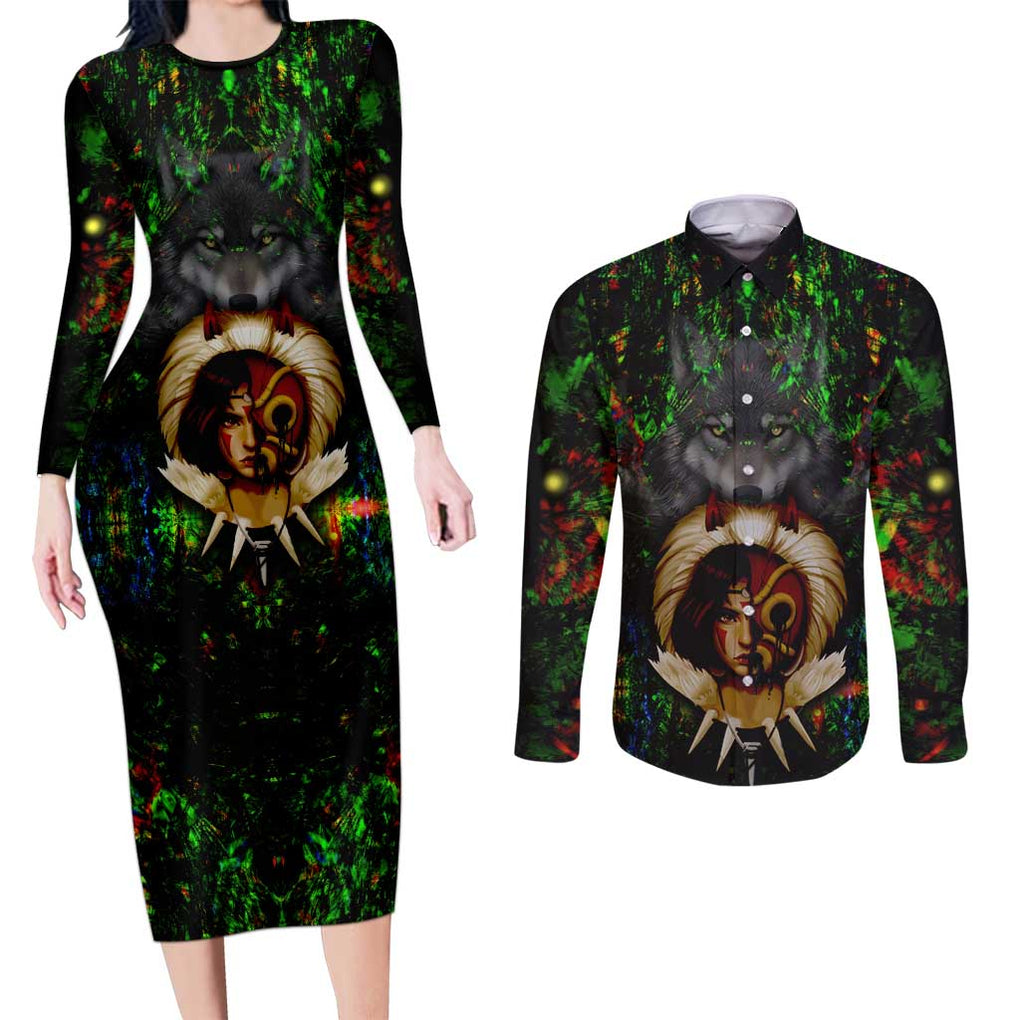 Trippy Princess Mononoke Studio Ghibli Couples Matching Long Sleeve Bodycon Dress and Long Sleeve Button Shirt Trippy Style