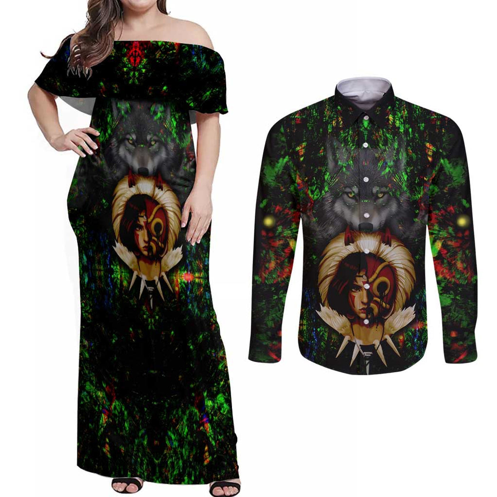 Trippy Princess Mononoke Studio Ghibli Couples Matching Off Shoulder Maxi Dress and Long Sleeve Button Shirt Trippy Style