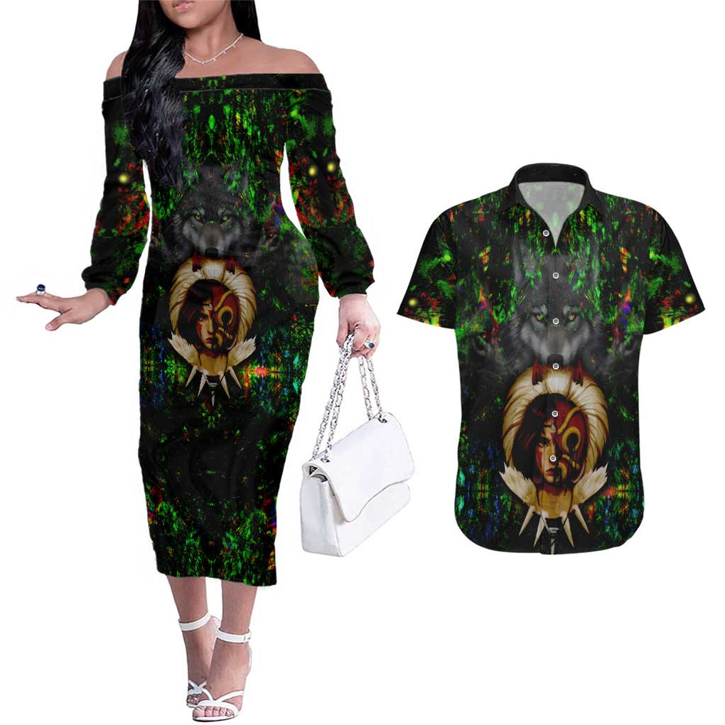 Trippy Princess Mononoke Studio Ghibli Couples Matching Off The Shoulder Long Sleeve Dress and Hawaiian Shirt Trippy Style