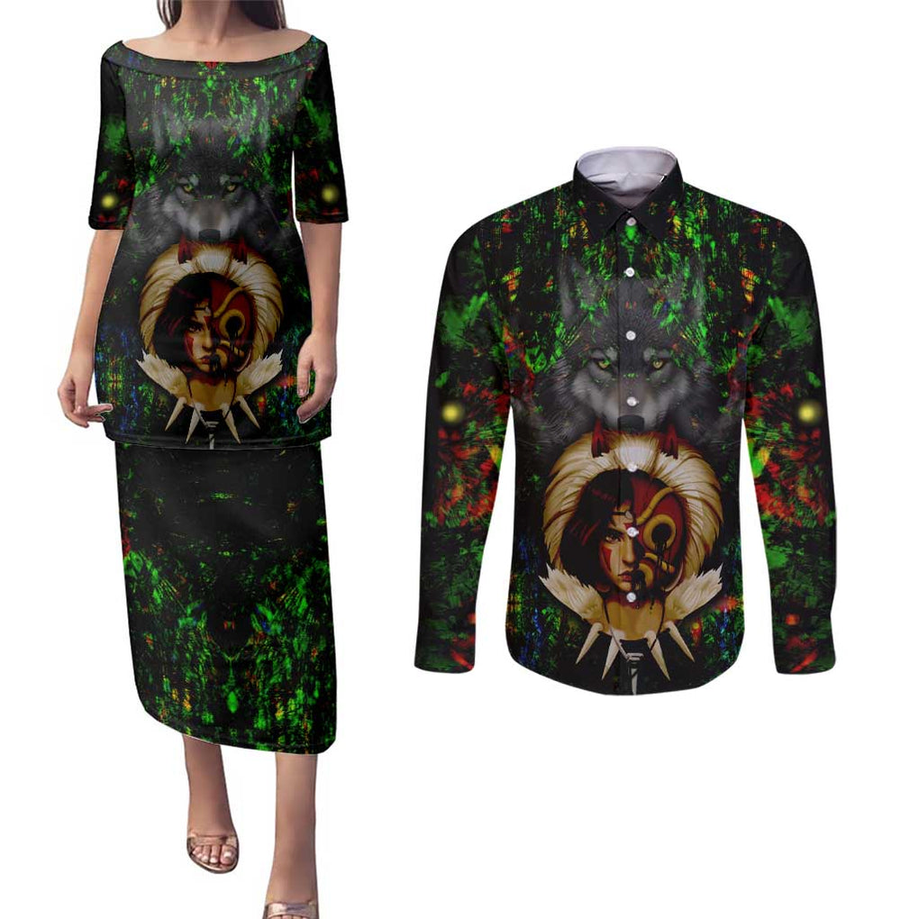 Trippy Princess Mononoke Studio Ghibli Couples Matching Puletasi and Long Sleeve Button Shirt Trippy Style