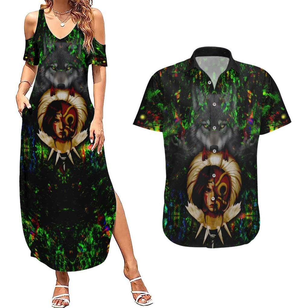 Trippy Princess Mononoke Studio Ghibli Couples Matching Summer Maxi Dress and Hawaiian Shirt Trippy Style