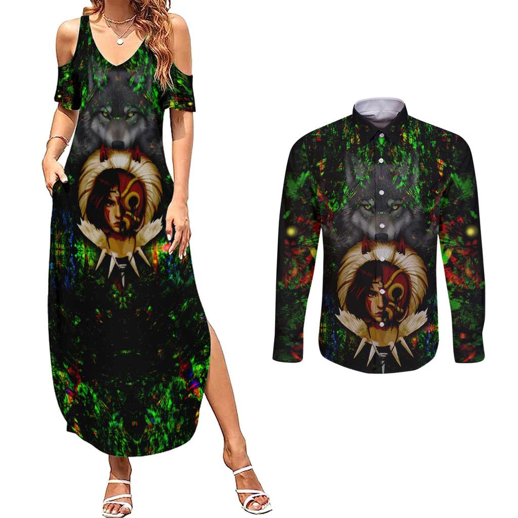 Trippy Princess Mononoke Studio Ghibli Couples Matching Summer Maxi Dress and Long Sleeve Button Shirt Trippy Style