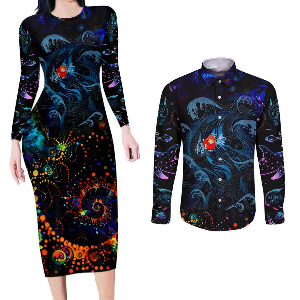 Sea Creatures Ponyo Studio Ghibli Couples Matching Long Sleeve Bodycon Dress and Long Sleeve Button Shirt Trippy Style