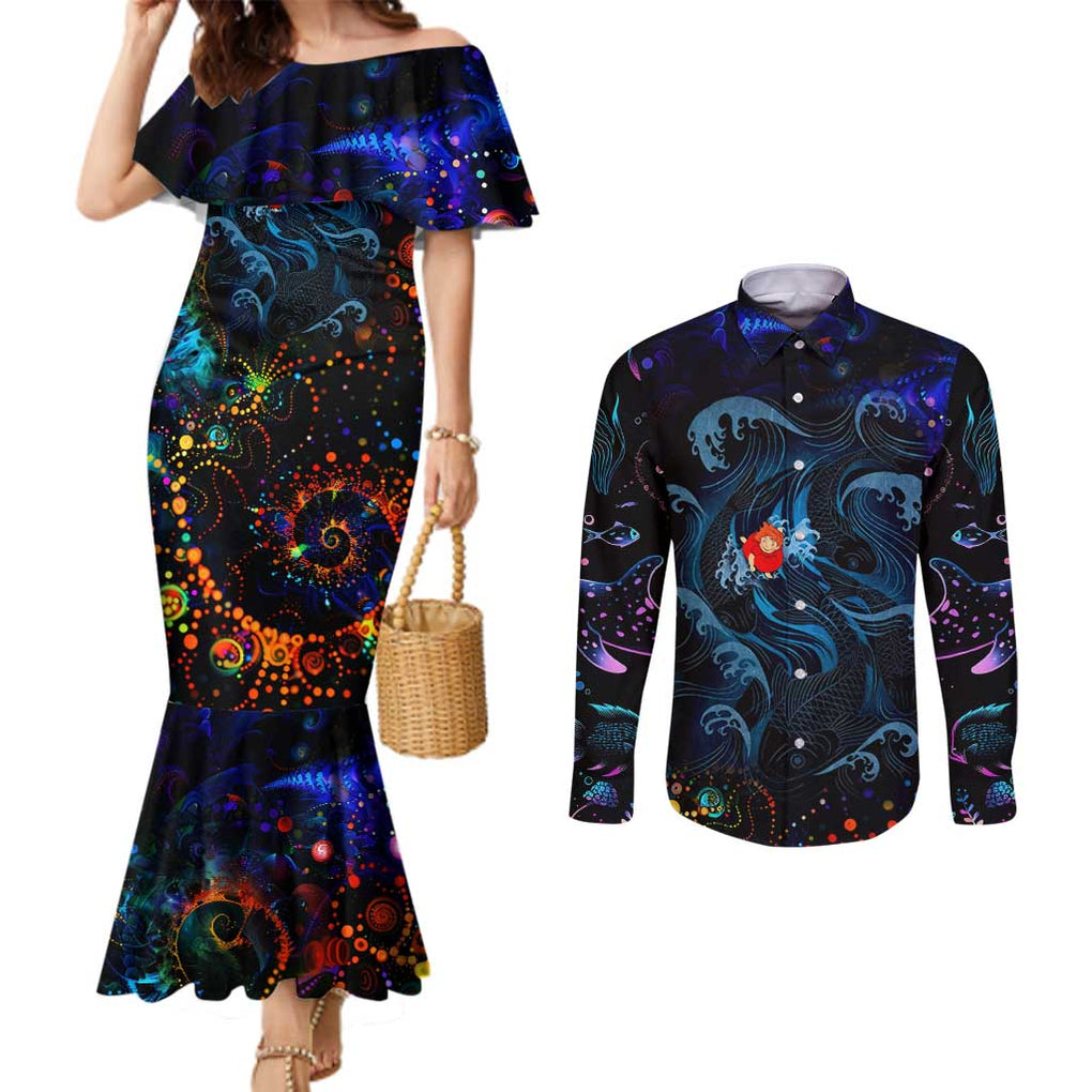 Sea Creatures Ponyo Studio Ghibli Couples Matching Mermaid Dress and Long Sleeve Button Shirt Trippy Style