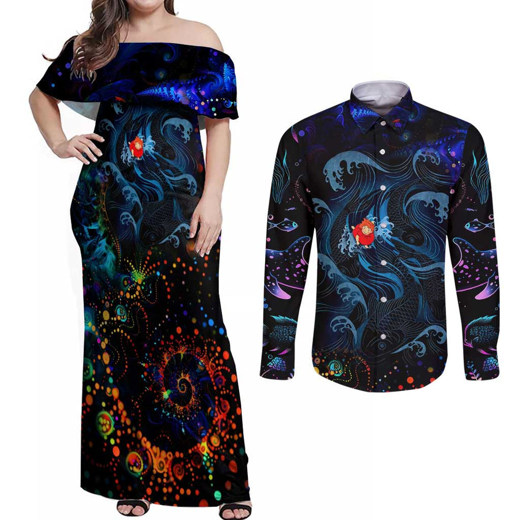 Sea Creatures Ponyo Studio Ghibli Couples Matching Off Shoulder Maxi Dress and Long Sleeve Button Shirt Trippy Style