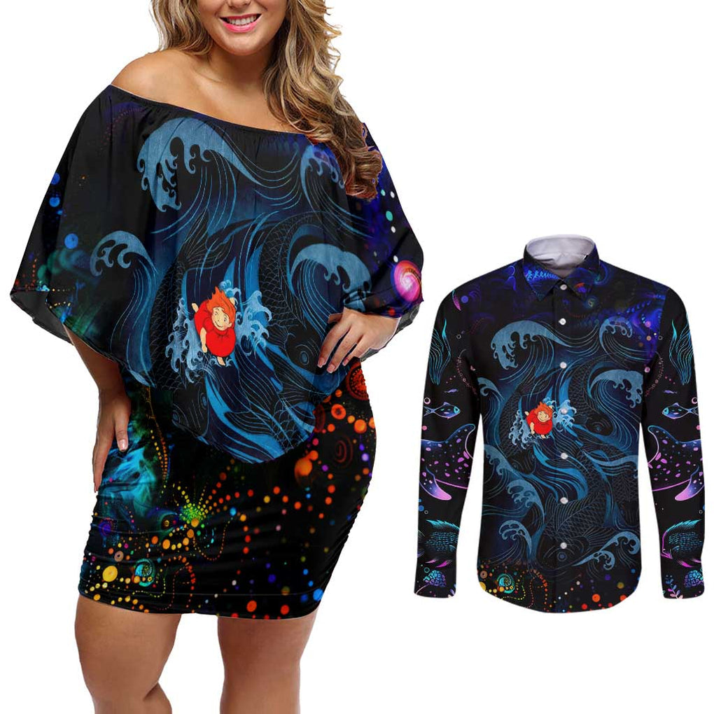 Sea Creatures Ponyo Studio Ghibli Couples Matching Off Shoulder Short Dress and Long Sleeve Button Shirt Trippy Style