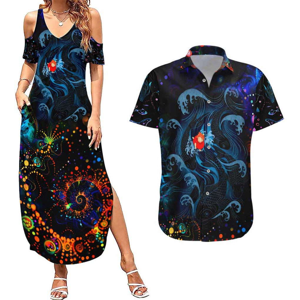 Sea Creatures Ponyo Studio Ghibli Couples Matching Summer Maxi Dress and Hawaiian Shirt Trippy Style