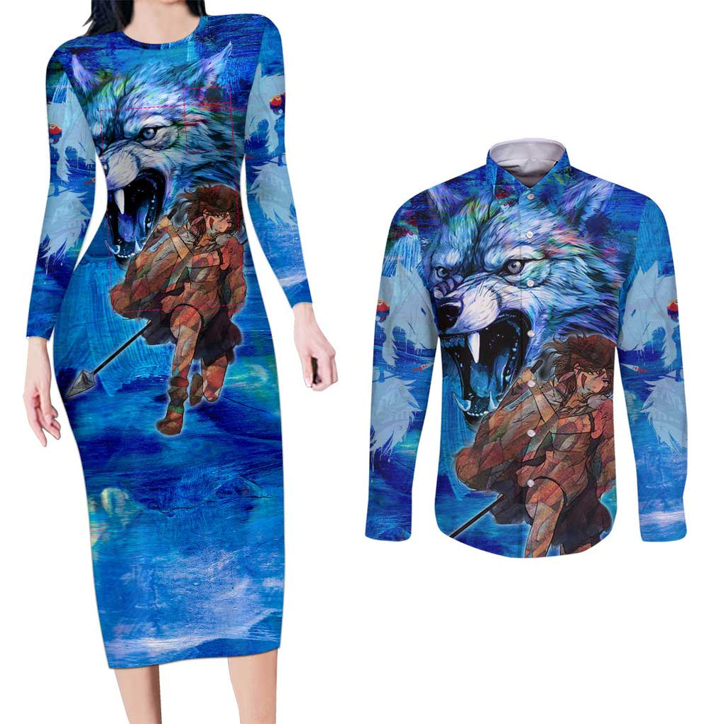 Raging Princess Mononoke Studio Ghibli Couples Matching Long Sleeve Bodycon Dress and Long Sleeve Button Shirt Trippy Style