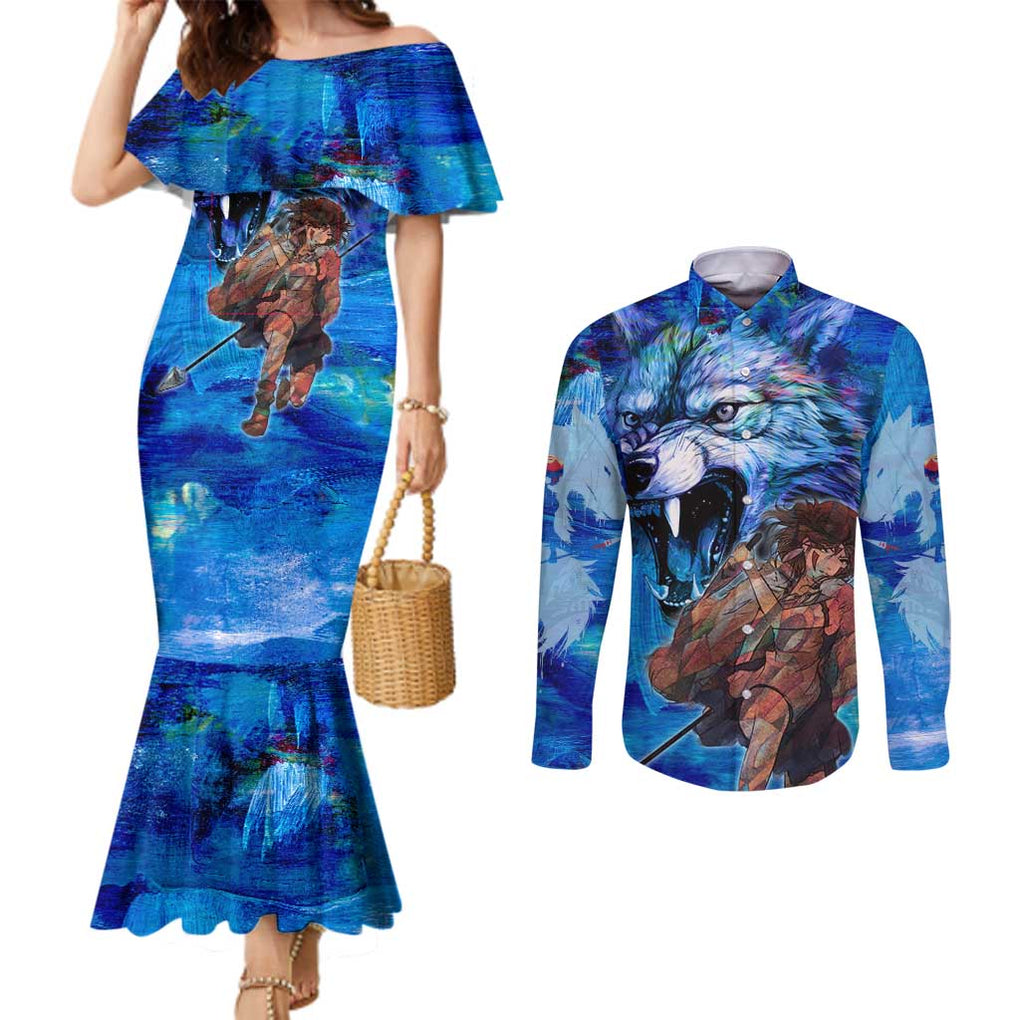 Raging Princess Mononoke Studio Ghibli Couples Matching Mermaid Dress and Long Sleeve Button Shirt Trippy Style