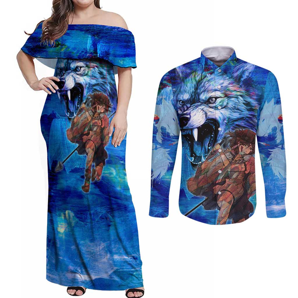 Raging Princess Mononoke Studio Ghibli Couples Matching Off Shoulder Maxi Dress and Long Sleeve Button Shirt Trippy Style