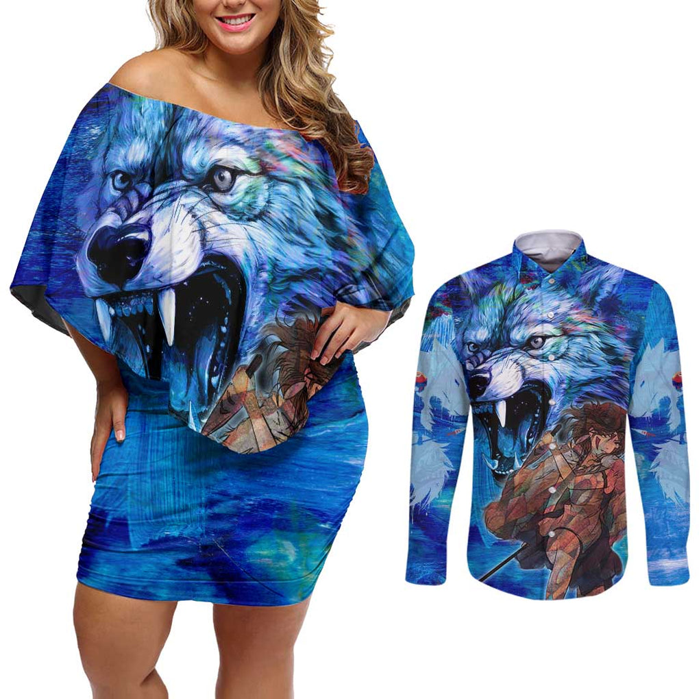 Raging Princess Mononoke Studio Ghibli Couples Matching Off Shoulder Short Dress and Long Sleeve Button Shirt Trippy Style