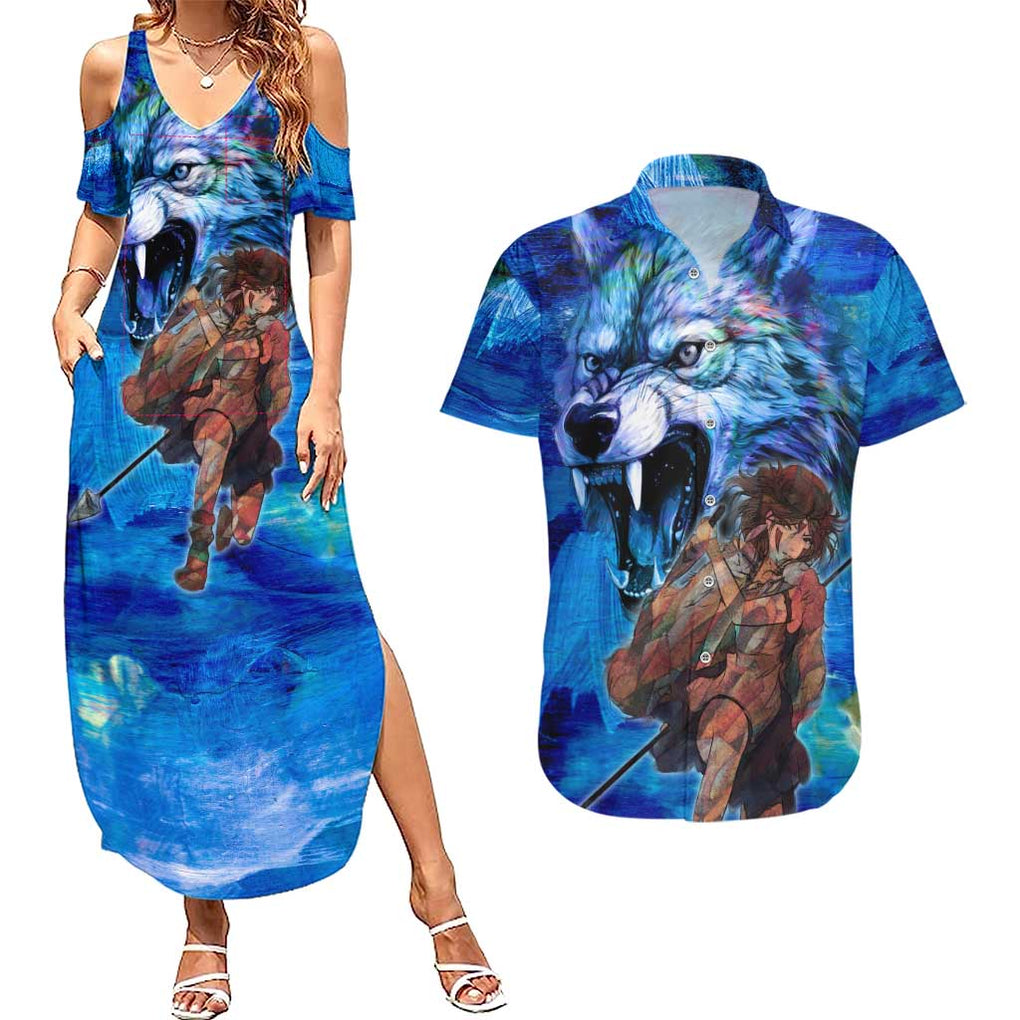 Raging Princess Mononoke Studio Ghibli Couples Matching Summer Maxi Dress and Hawaiian Shirt Trippy Style