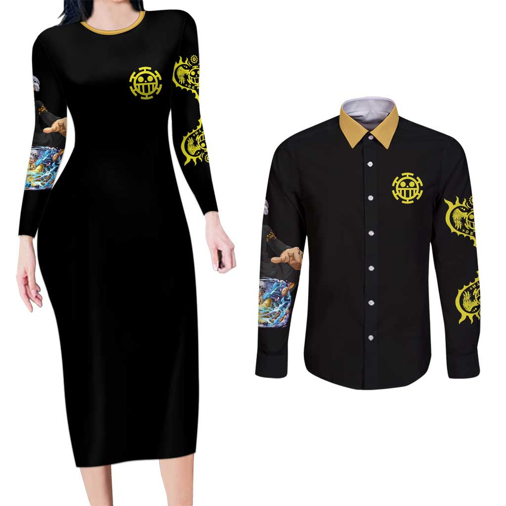 Trafalgar D. Law V4 One Piece Couples Matching Long Sleeve Bodycon Dress and Long Sleeve Button Shirt Anime Style