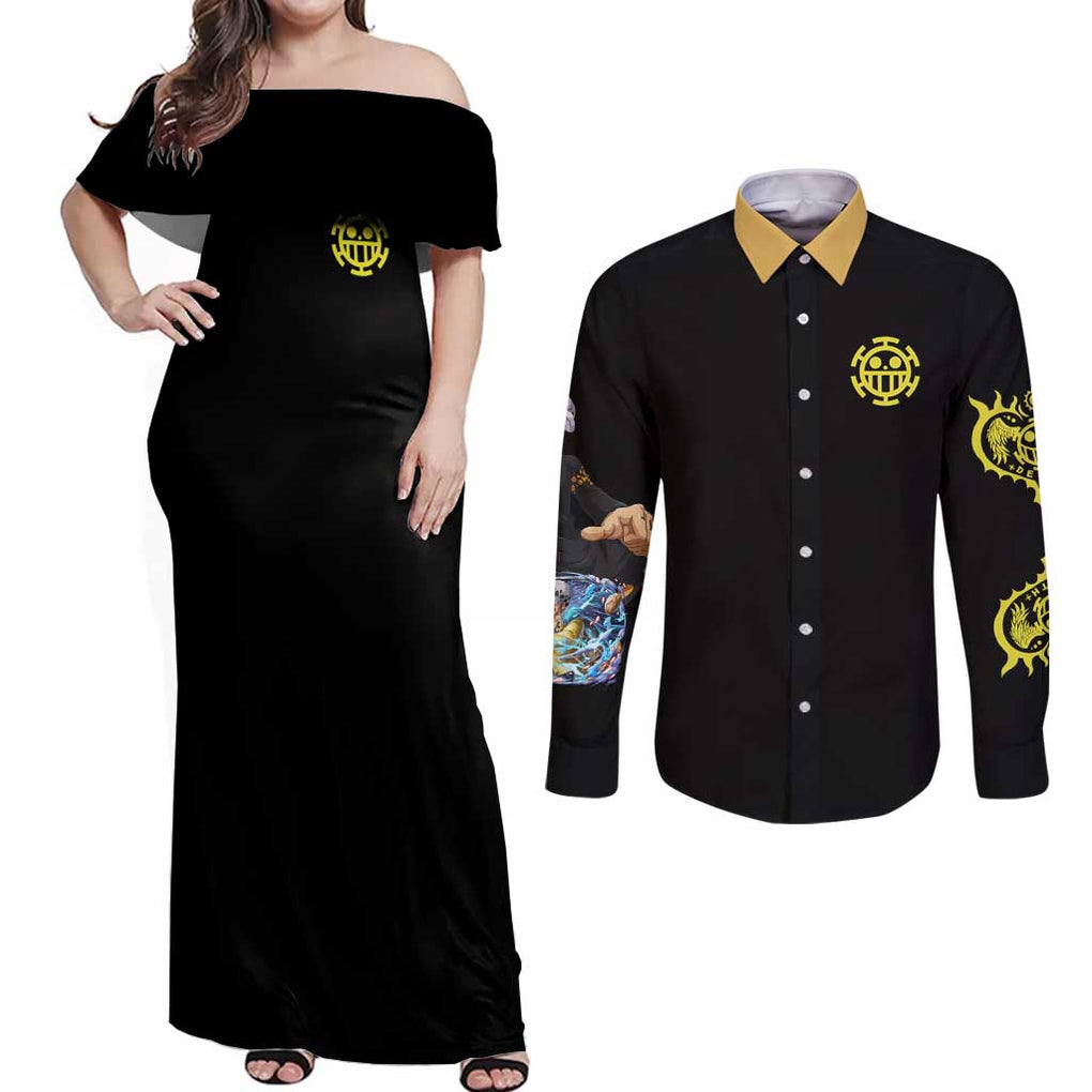 Trafalgar D. Law V4 One Piece Couples Matching Off Shoulder Maxi Dress and Long Sleeve Button Shirt Anime Style