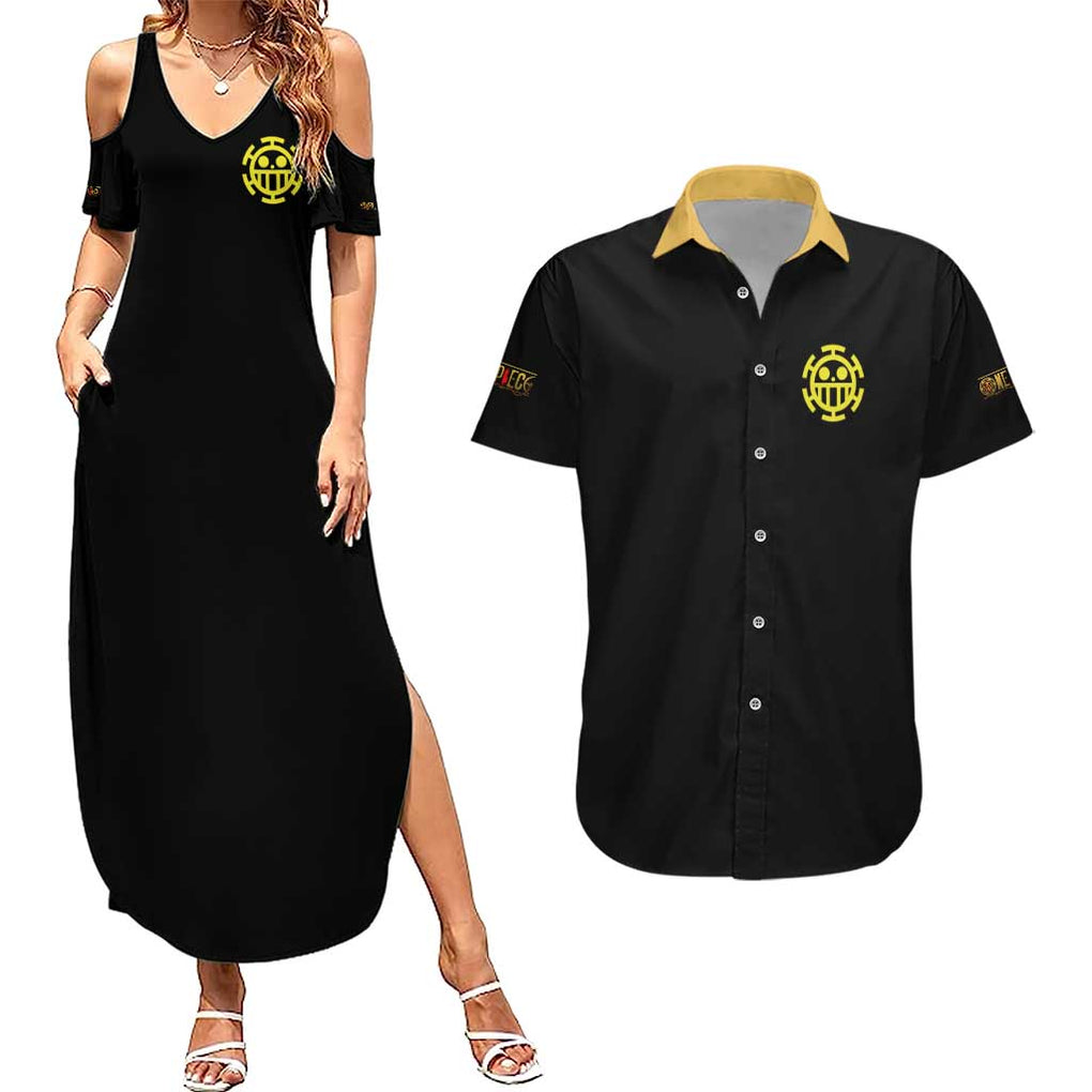 Trafalgar D. Law V4 One Piece Couples Matching Summer Maxi Dress and Hawaiian Shirt Anime Style