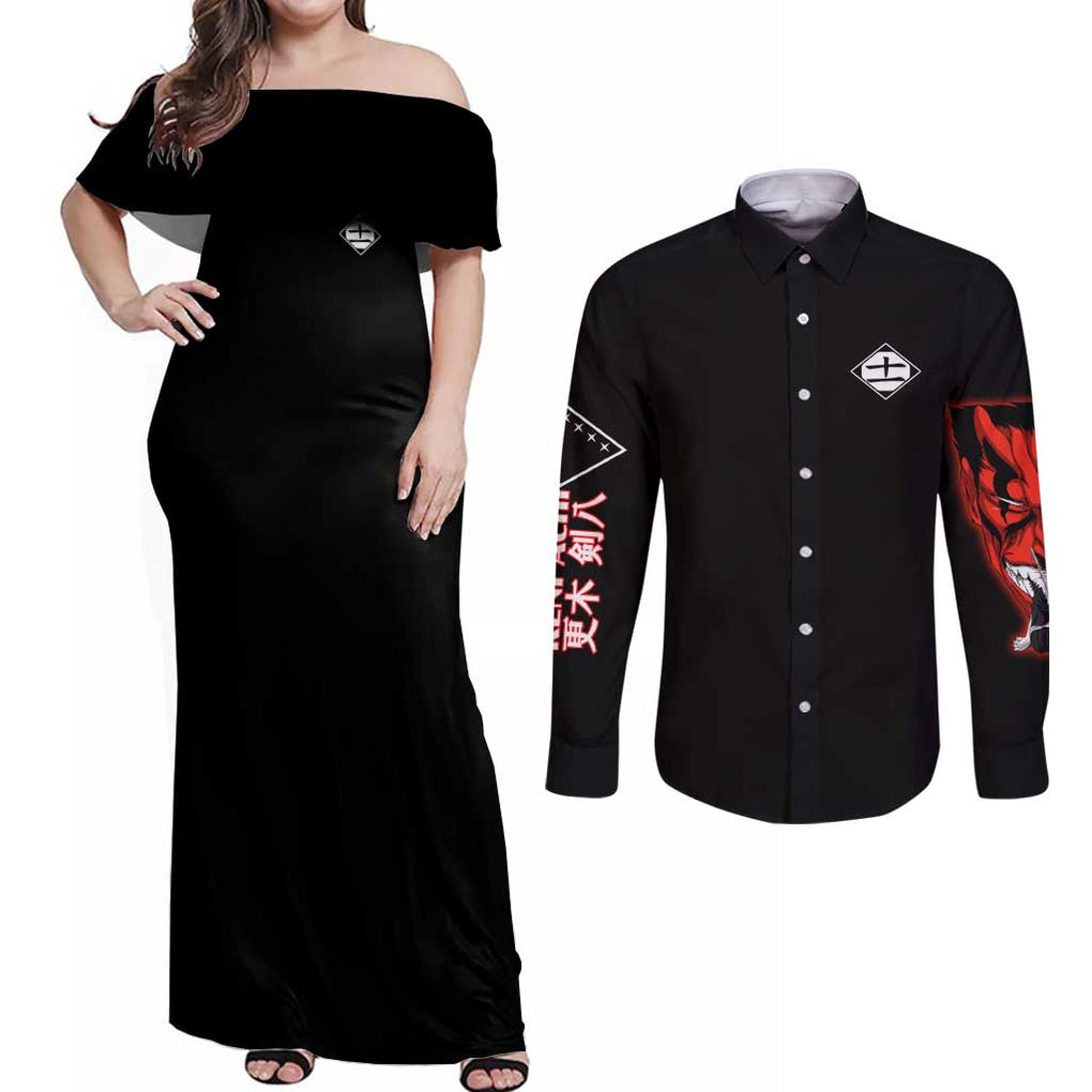 Zaraki Kenpachi V4 Bleach Couples Matching Off Shoulder Maxi Dress and Long Sleeve Button Shirt Anime Style