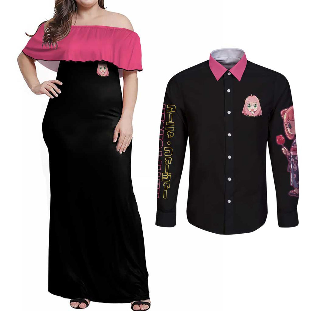 Anya Forger V2 Spy x Family Couples Matching Off Shoulder Maxi Dress and Long Sleeve Button Shirt Anime Style