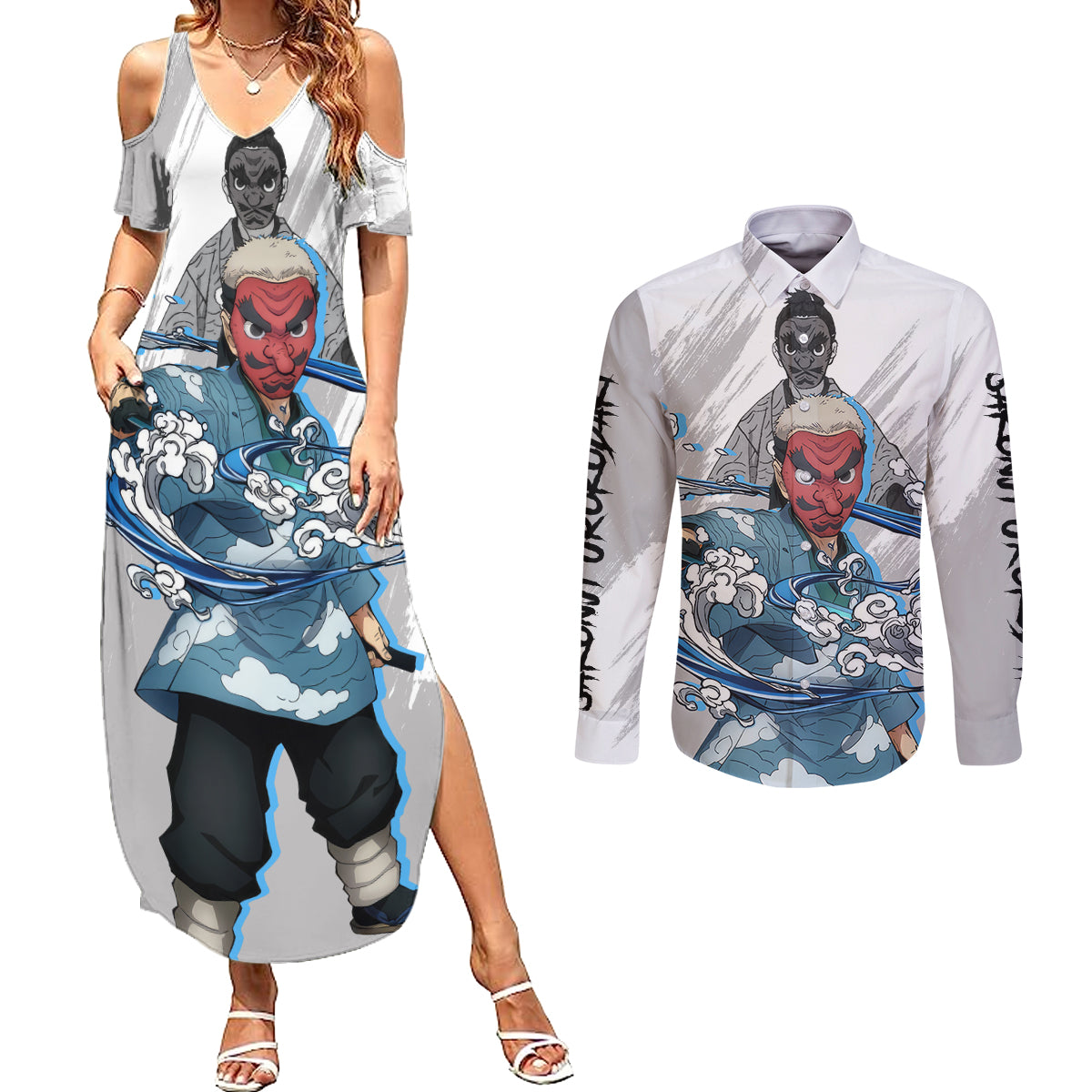 Sakonji Urokodaki Couples Matching Summer Maxi Dress and Long Sleeve Button Shirt Demon Slayer