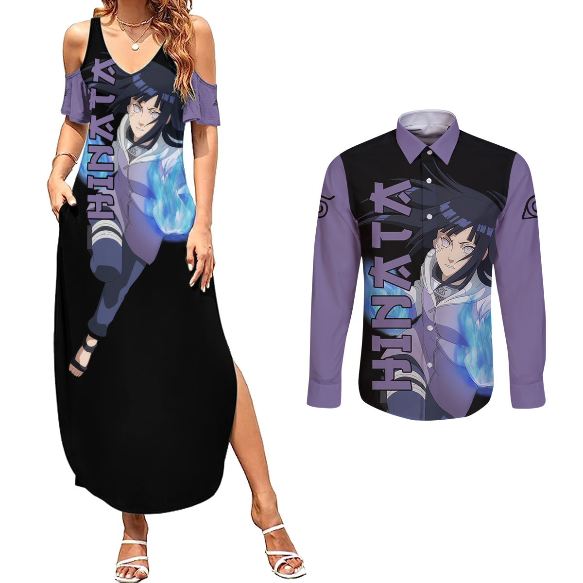 Hinata Hyuga Couples Matching Summer Maxi Dress and Long Sleeve Button Shirt Naruto