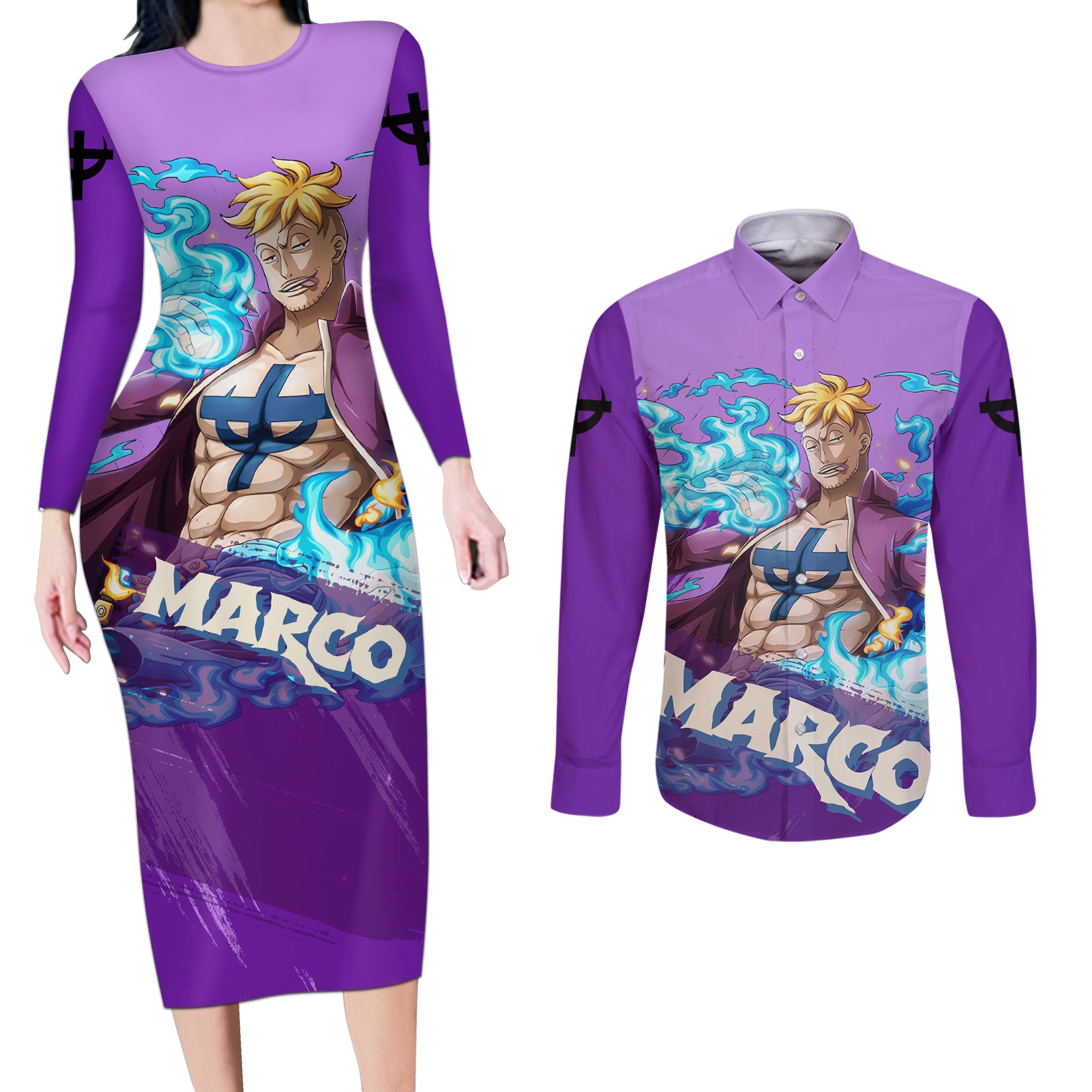 Marco Couples Matching Long Sleeve Bodycon Dress and Long Sleeve Button Shirt One Piece