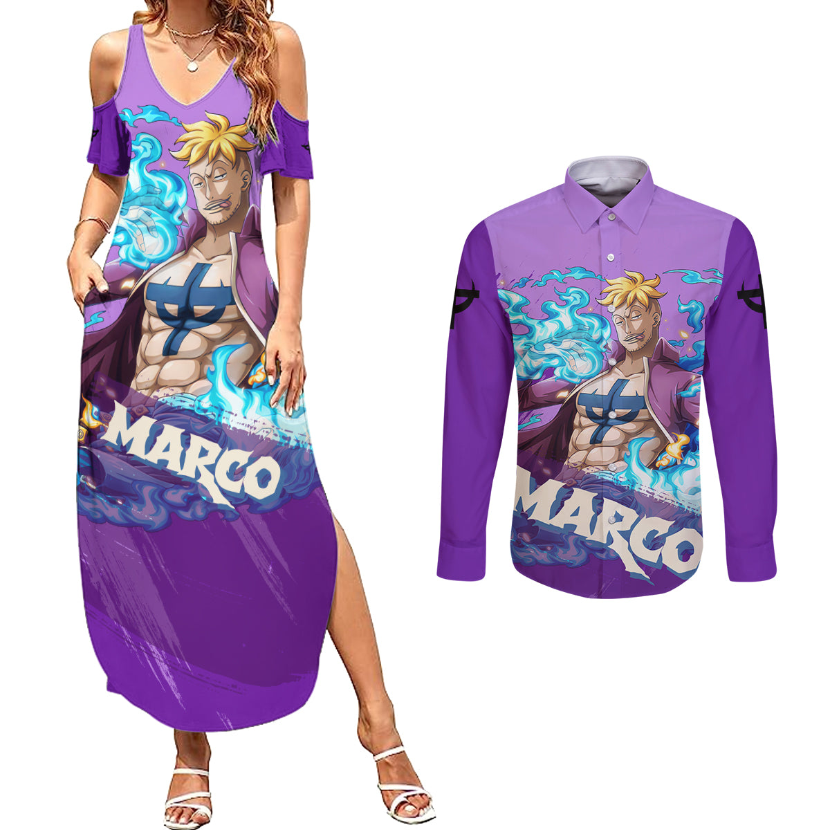 Marco Couples Matching Summer Maxi Dress and Long Sleeve Button Shirt One Piece