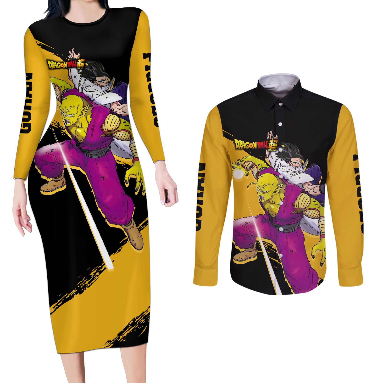 Gohan and Piccolo Couples Matching Long Sleeve Bodycon Dress and Long Sleeve Button Shirt Dragon Ball Super