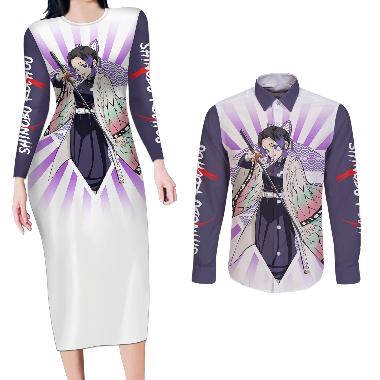 Shinobu Kochou Couples Matching Long Sleeve Bodycon Dress and Long Sleeve Button Shirt Demon Slayer