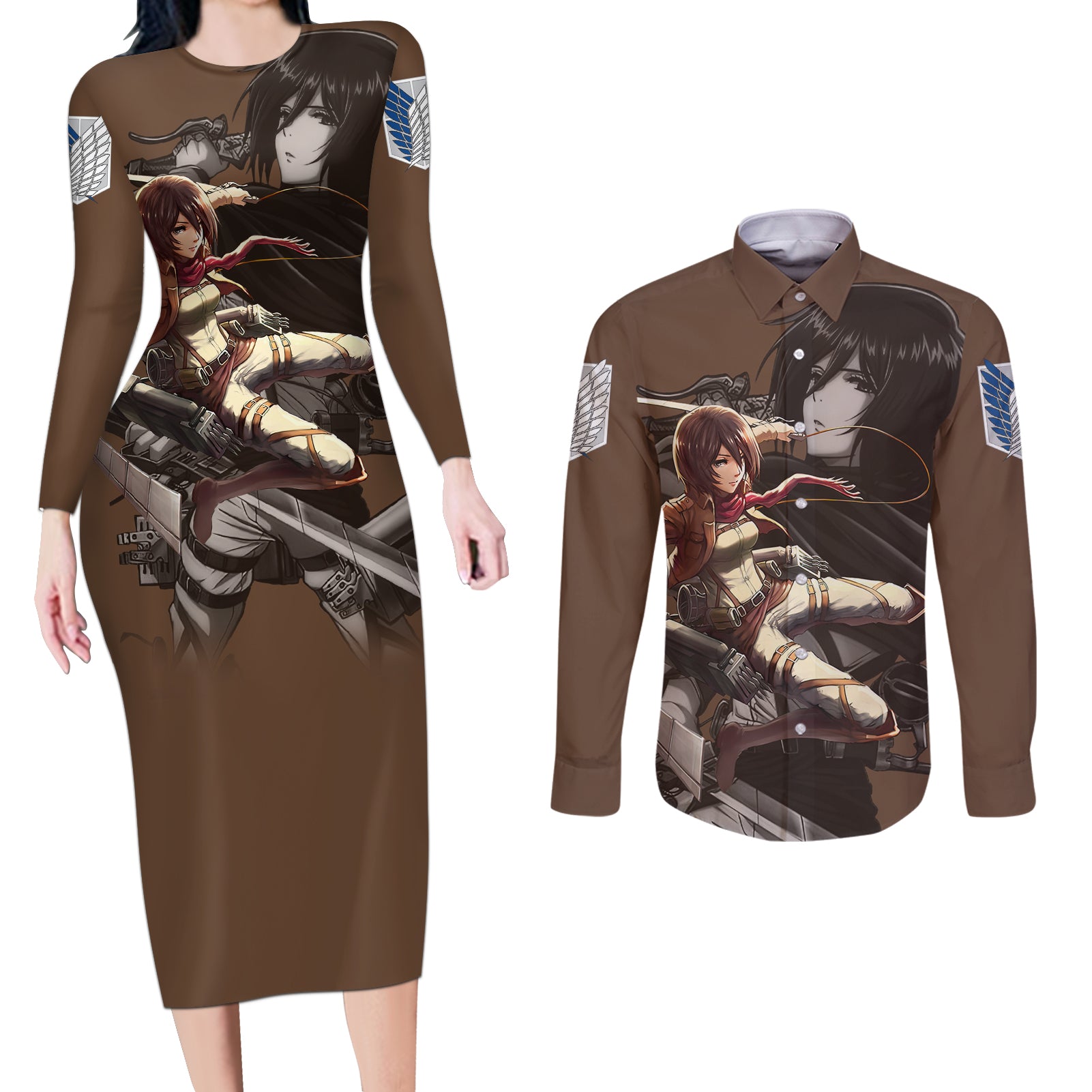 Mikasa Ackerman Couples Matching Long Sleeve Bodycon Dress and Long Sleeve Button Shirt Attack On Tittan