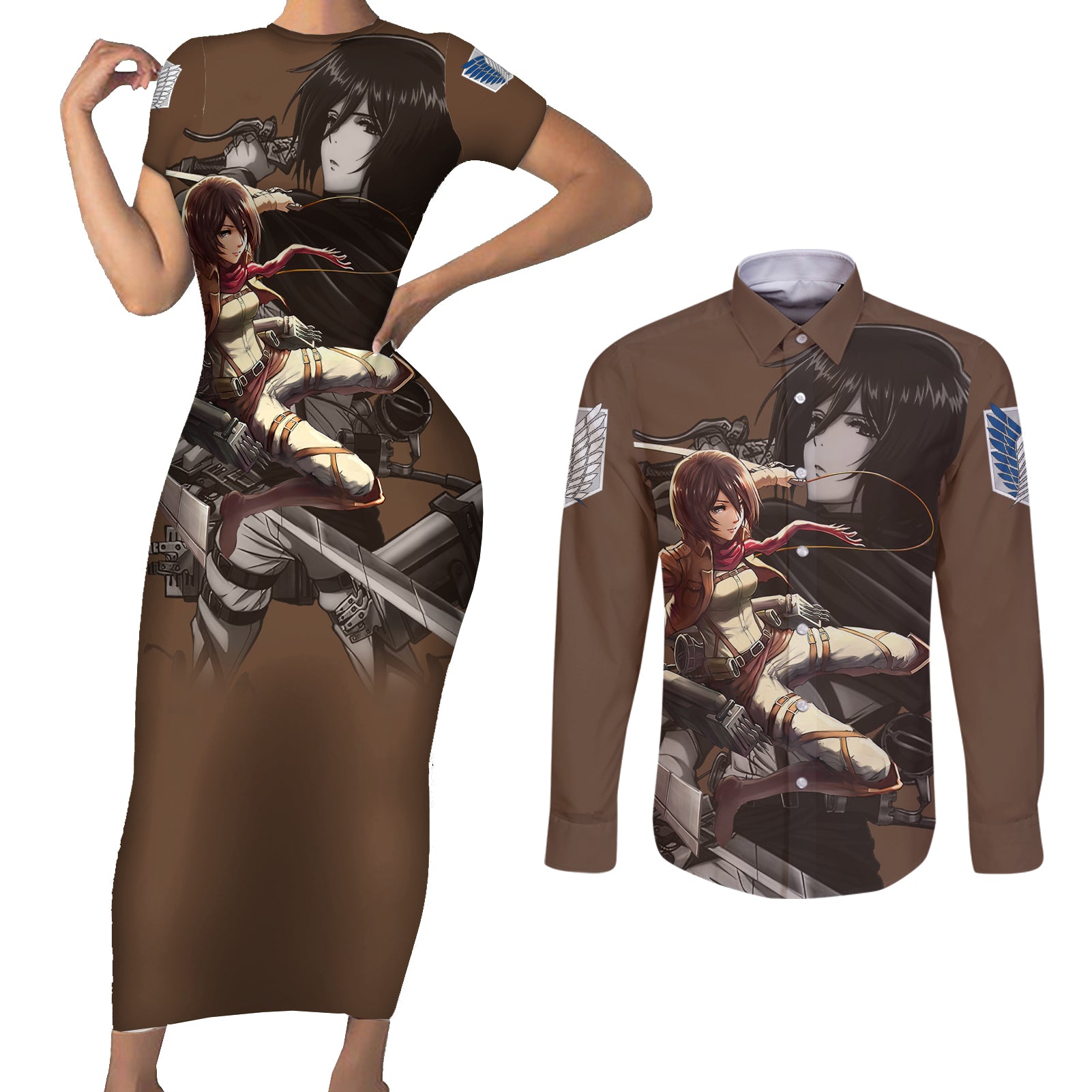 Mikasa Ackerman Couples Matching Short Sleeve Bodycon Dress and Long Sleeve Button Shirt Attack On Tittan