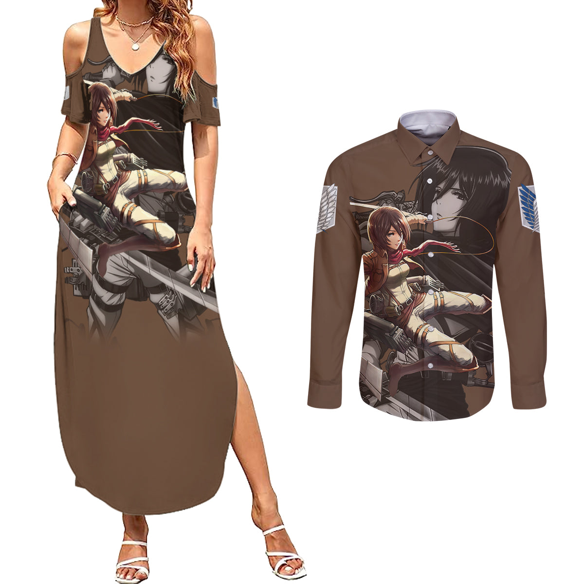 Mikasa Ackerman Couples Matching Summer Maxi Dress and Long Sleeve Button Shirt Attack On Tittan