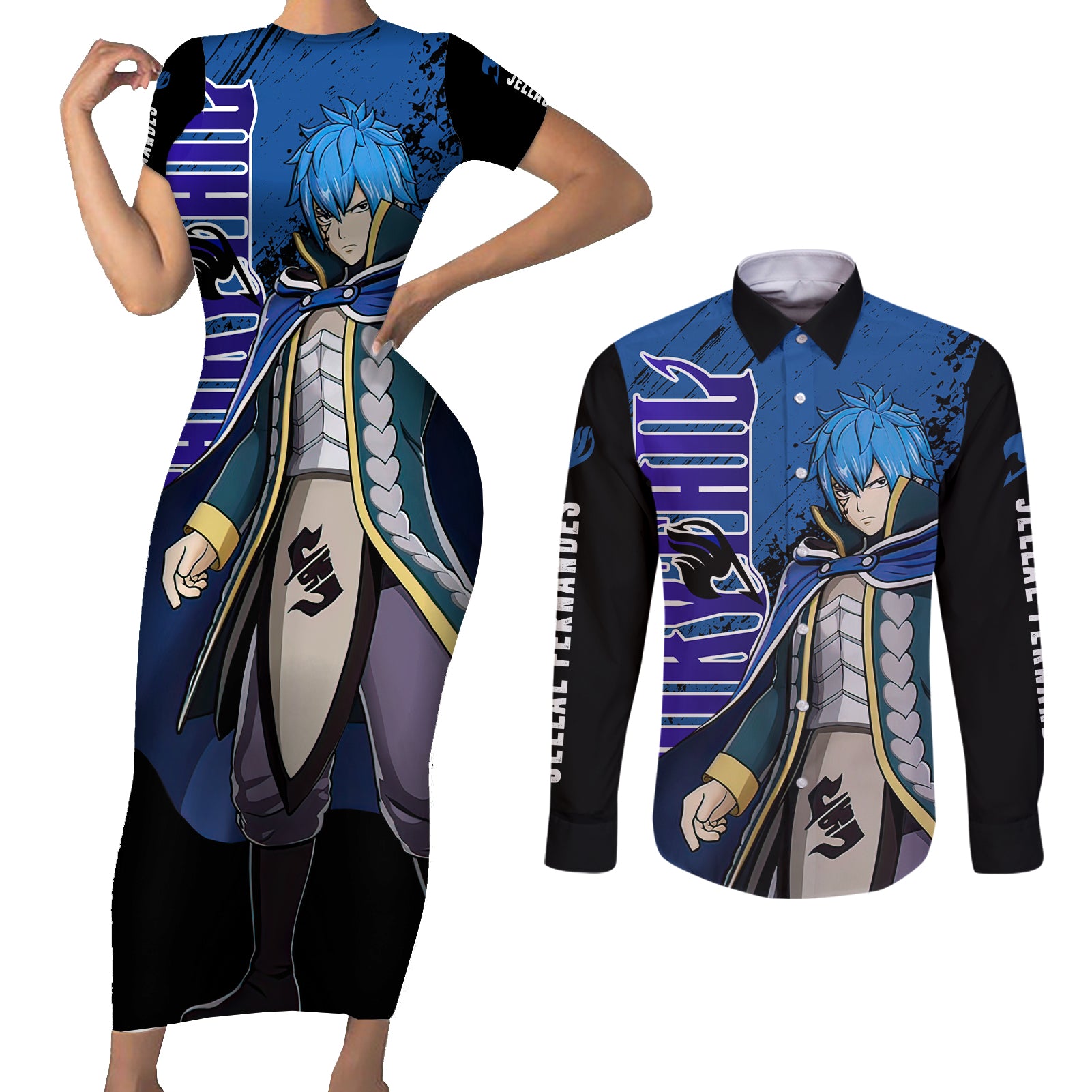 Jellal Fernandes Couples Matching Short Sleeve Bodycon Dress and Long Sleeve Button Shirt Fairy Tail