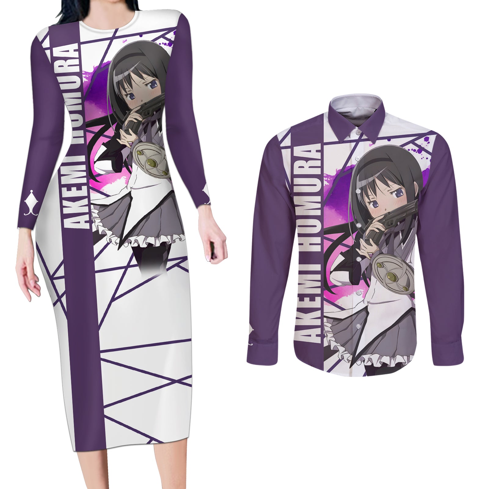 Puella Magi Madoka Magica Couples Matching Long Sleeve Bodycon Dress and Long Sleeve Button Shirt Akemi Homura