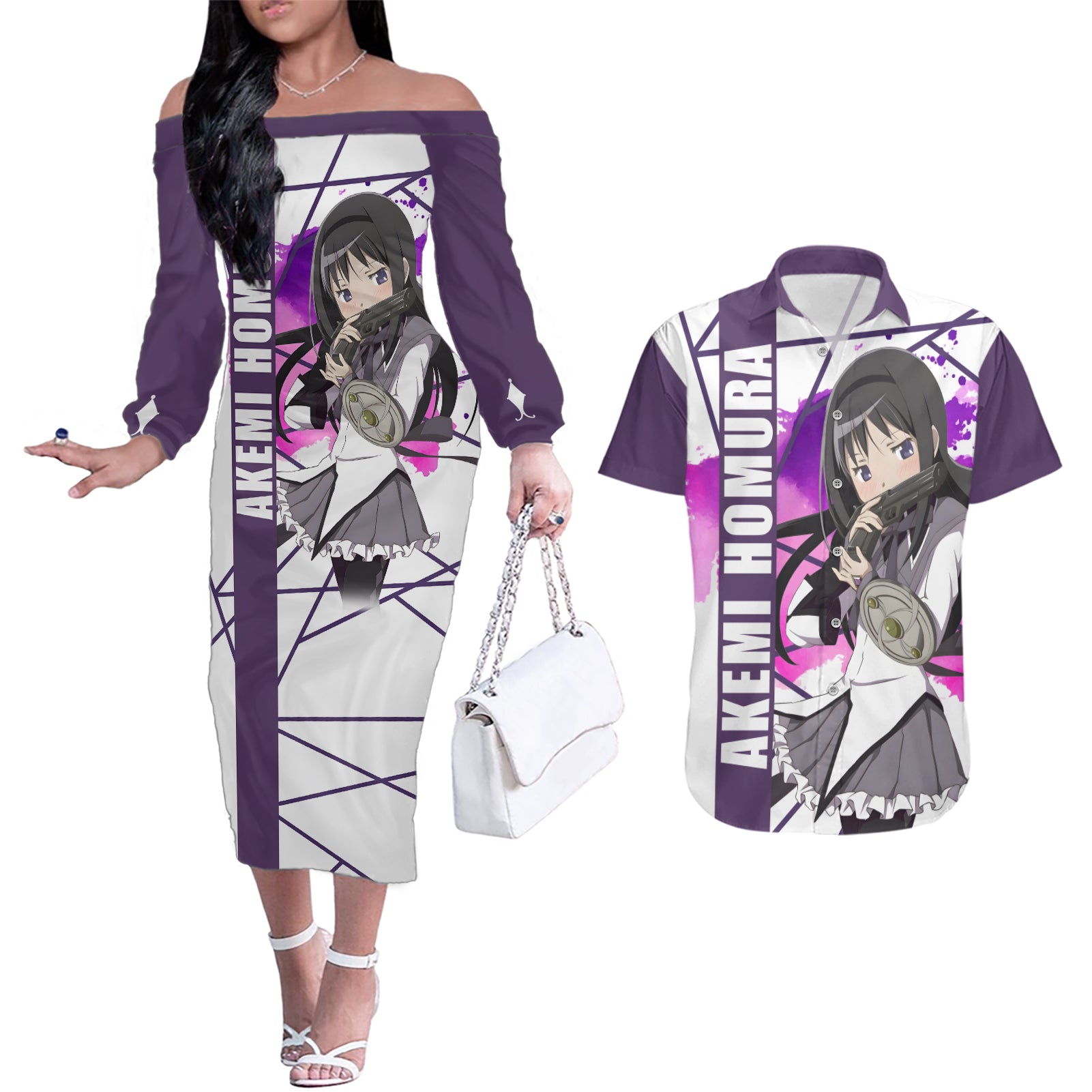 Puella Magi Madoka Magica Couples Matching Off The Shoulder Long Sleeve Dress and Hawaiian Shirt Akemi Homura