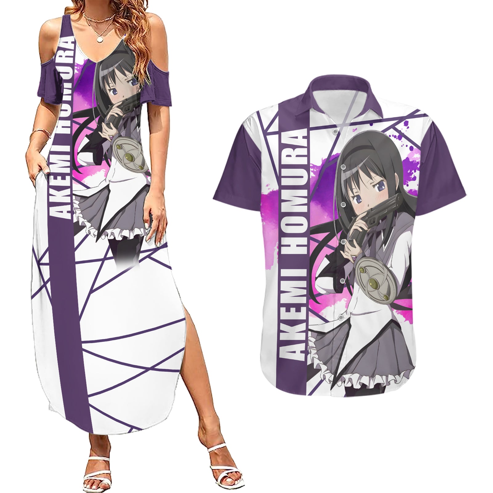 Puella Magi Madoka Magica Couples Matching Summer Maxi Dress and Hawaiian Shirt Akemi Homura