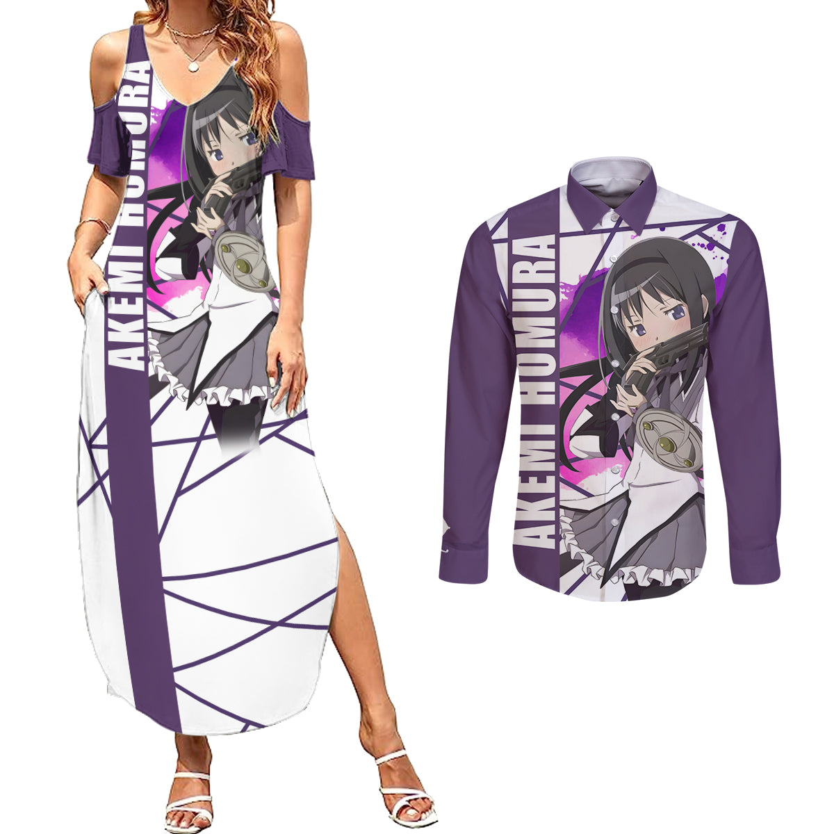 Puella Magi Madoka Magica Couples Matching Summer Maxi Dress and Long Sleeve Button Shirt Akemi Homura