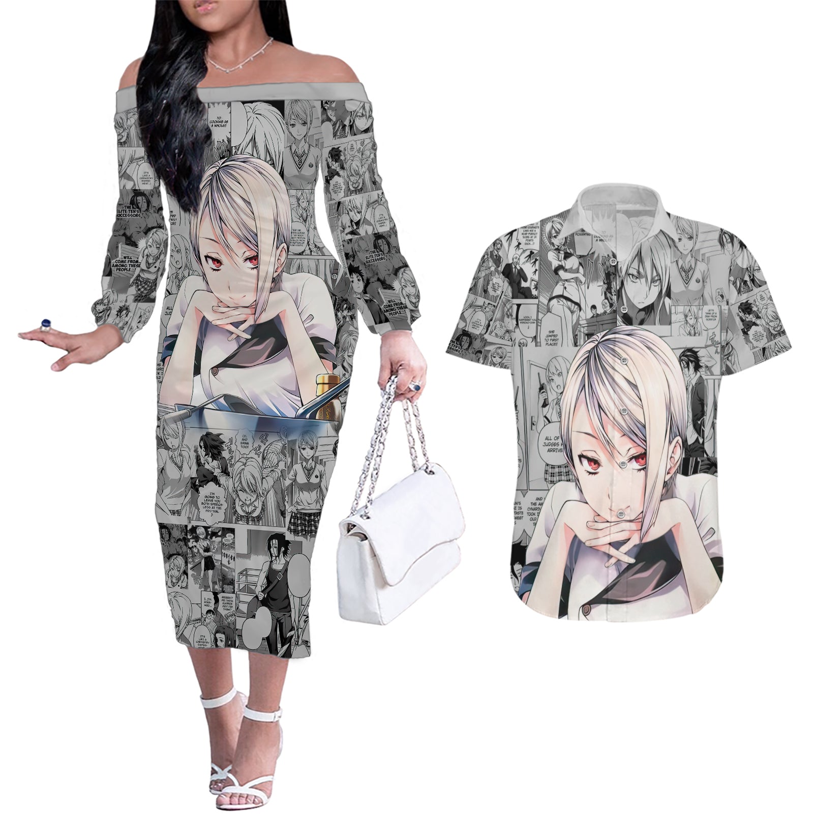 Shokugeki no Soma Couples Matching Off The Shoulder Long Sleeve Dress and Hawaiian Shirt Nakiri Alice Anime