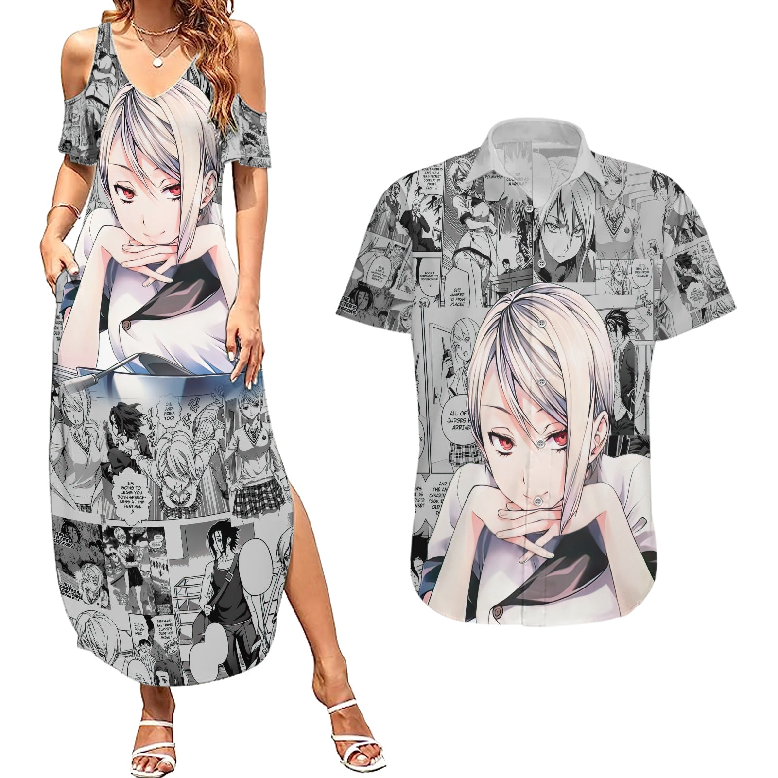 Shokugeki no Soma Couples Matching Summer Maxi Dress and Hawaiian Shirt Nakiri Alice Anime