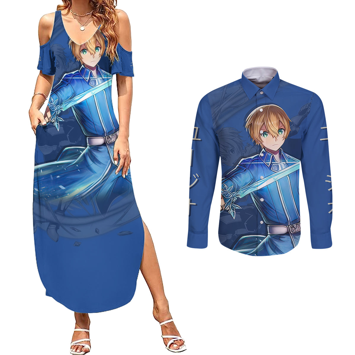 Eugeo Couples Matching Summer Maxi Dress and Long Sleeve Button Shirt Sword Art Online