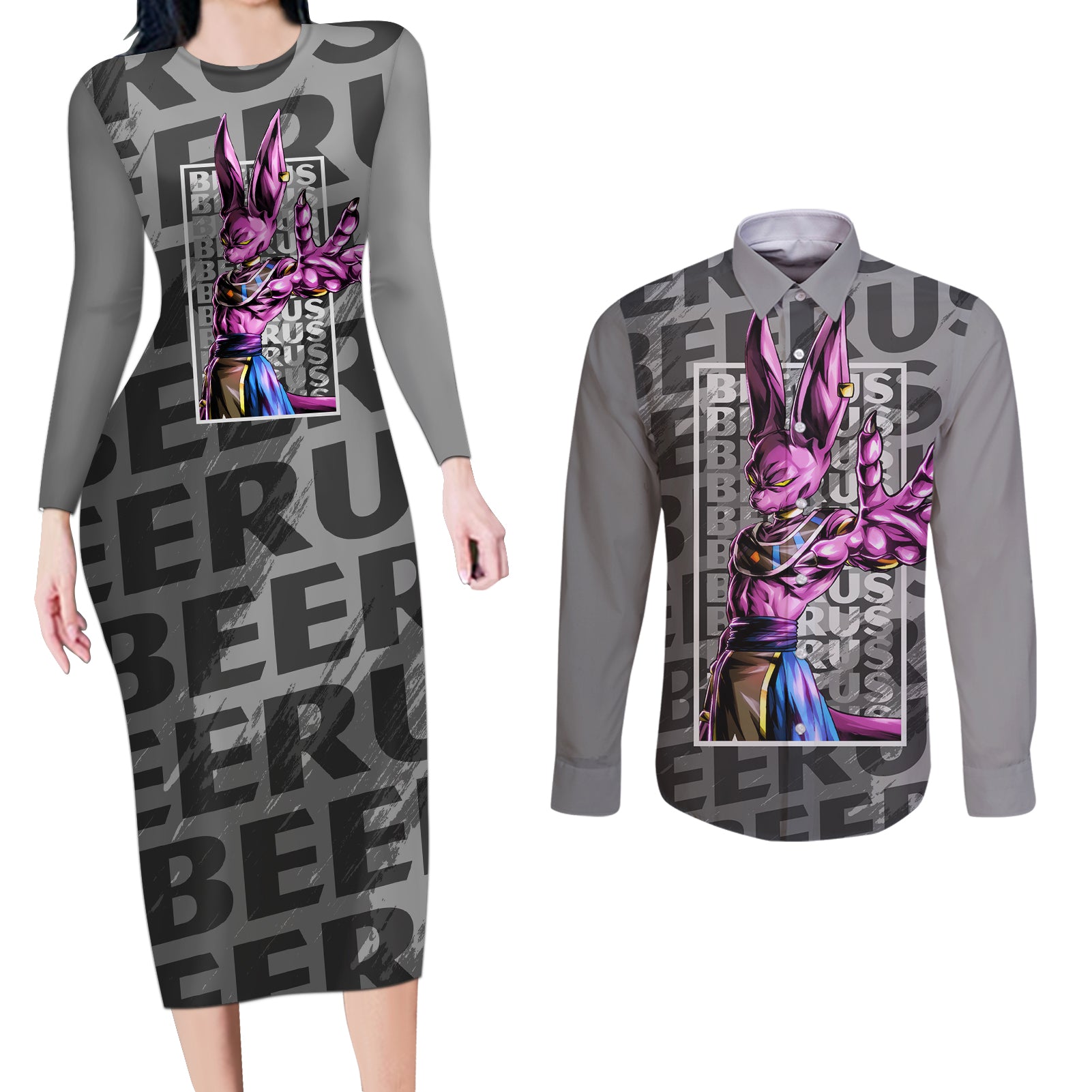 Beerus Dragon Ball Couples Matching Long Sleeve Bodycon Dress and Long Sleeve Button Shirt Anime Mix Text Pattern Abstract Style