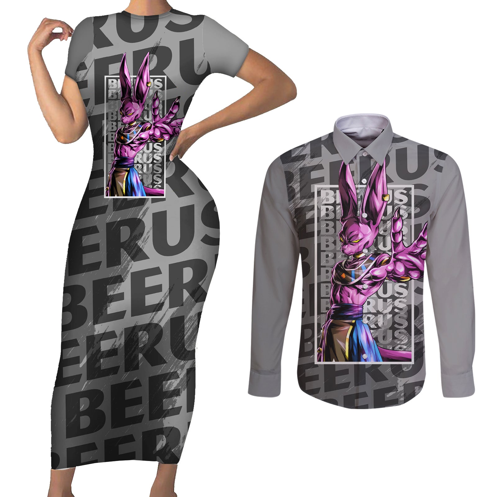 Beerus Dragon Ball Couples Matching Short Sleeve Bodycon Dress and Long Sleeve Button Shirt Anime Mix Text Pattern Abstract Style