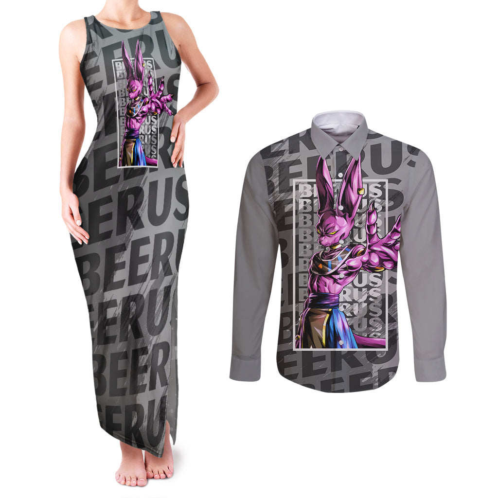 Beerus Dragon Ball Couples Matching Tank Maxi Dress and Long Sleeve Button Shirt Anime Mix Text Pattern Abstract Style