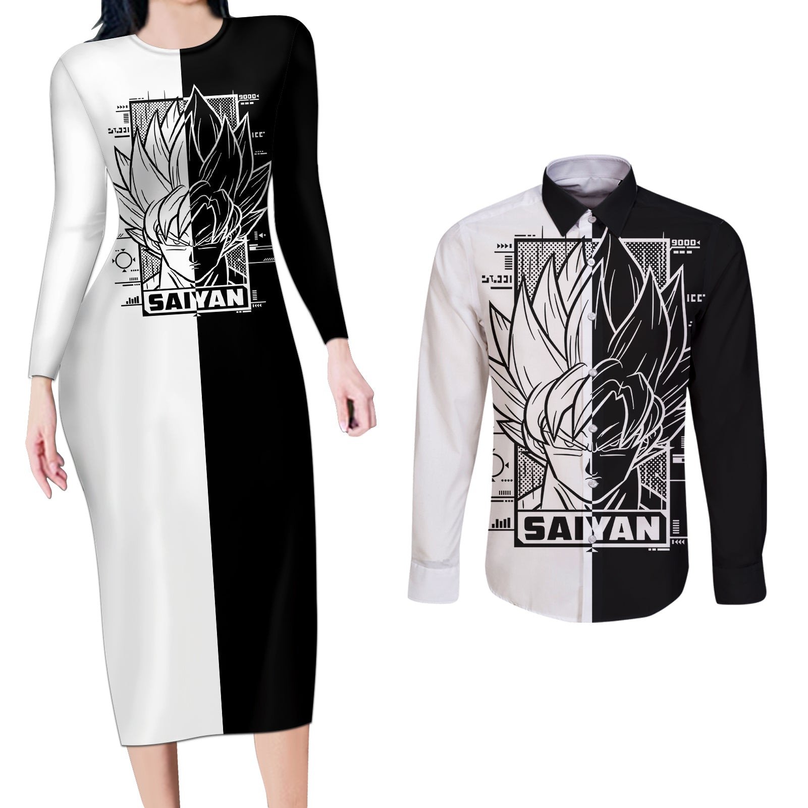 Goku Dragon Ball Black And White Abstract Couples Matching Long Sleeve Bodycon Dress and Long Sleeve Button Shirt Anime Style