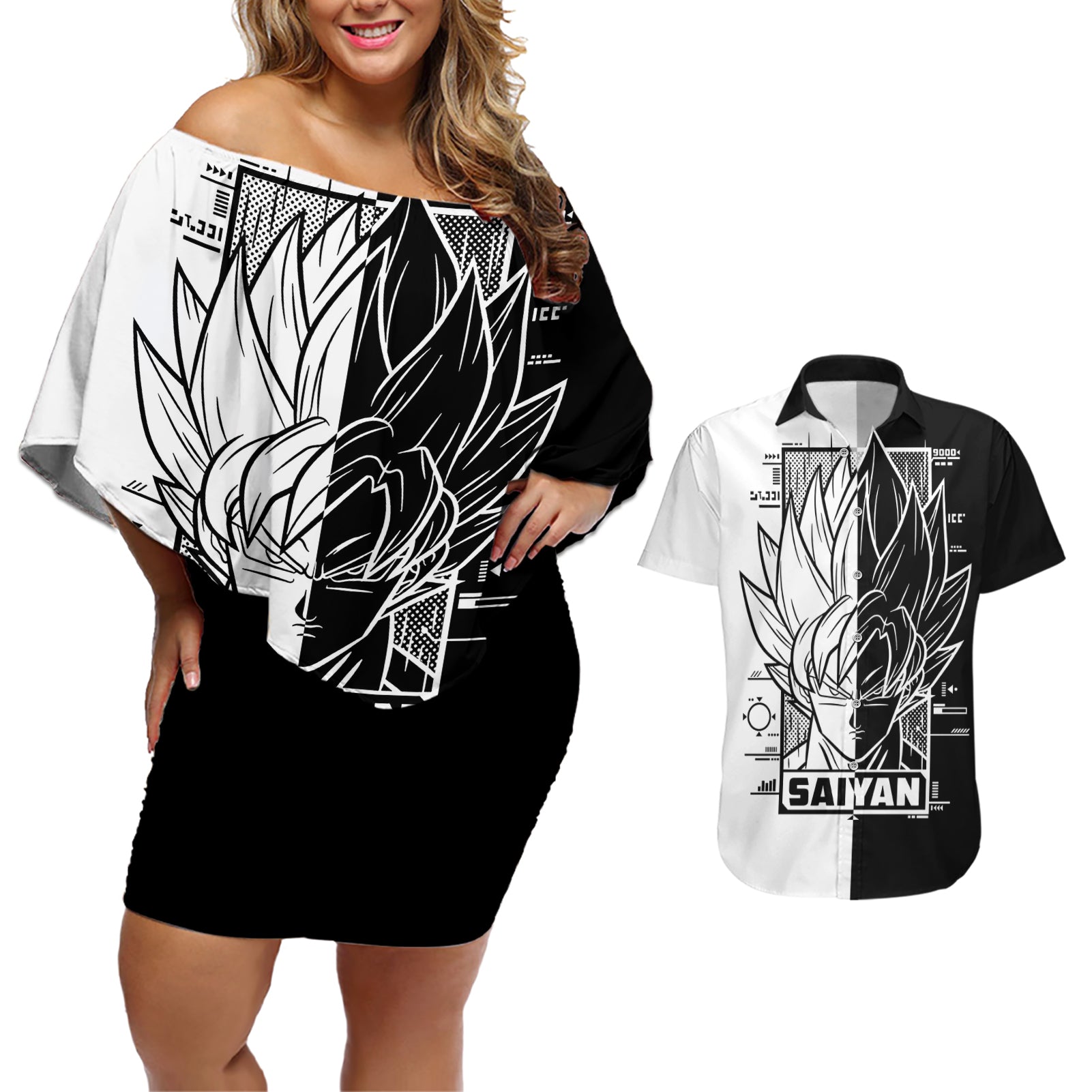 Goku Dragon Ball Black And White Abstract Couples Matching Off Shoulder Short Dress and Hawaiian Shirt Anime Style