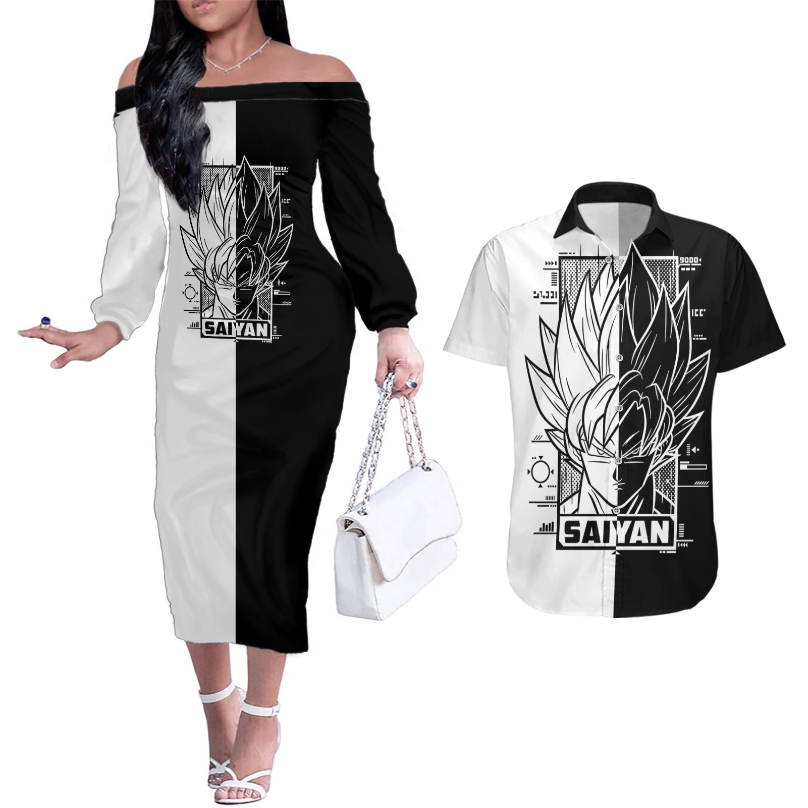 Goku Dragon Ball Black And White Abstract Couples Matching Off The Shoulder Long Sleeve Dress and Hawaiian Shirt Anime Style